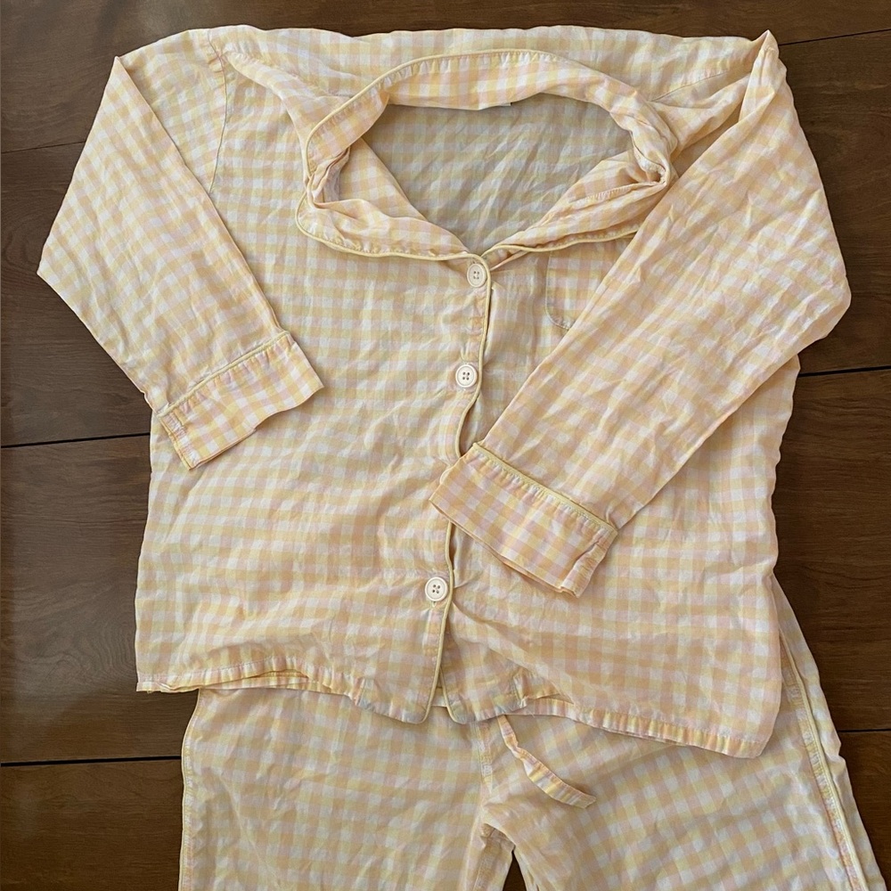 Sleepy Jones Plaid Pajama Set - Light Pink, Cream, and Yellow